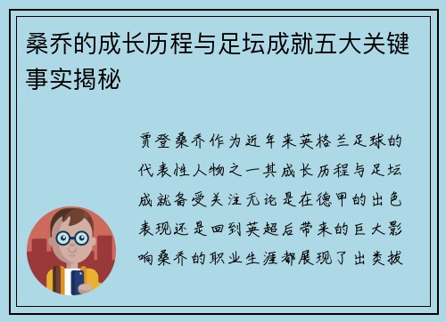 桑乔的成长历程与足坛成就五大关键事实揭秘